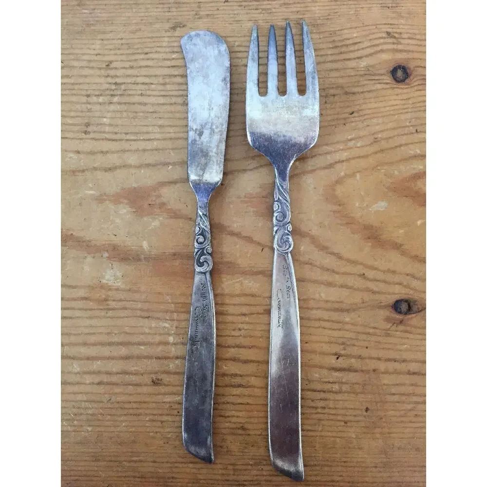 Vintage Oneida South Seas Silverplate Flatware Fork + Butter Spreader Knife